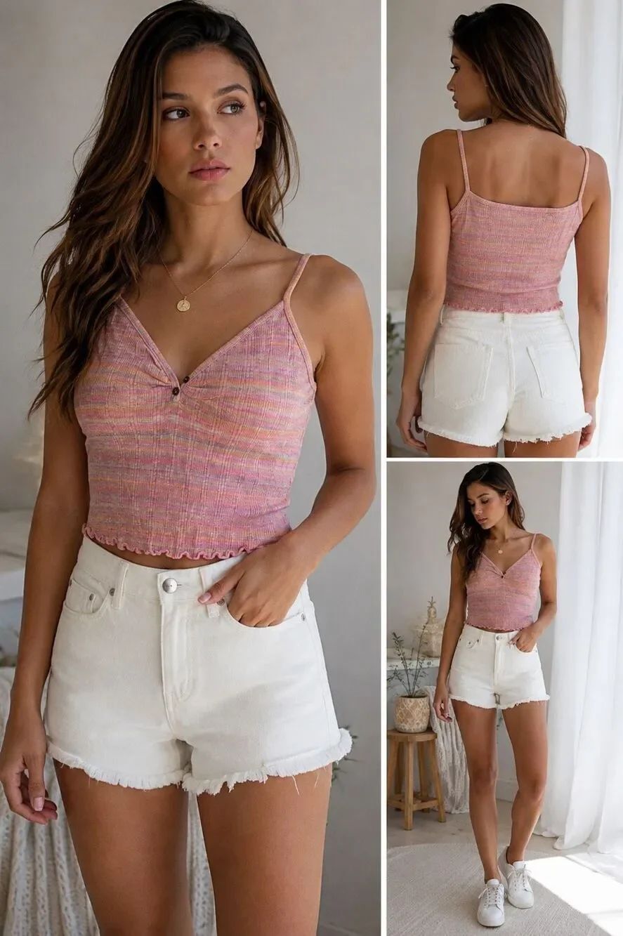 Forever 21 Pink Space Dye Ribbed Cami Tank Top Lettuce Hem Stretch Size M Rare